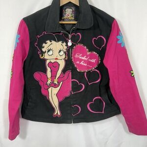 Vintage 00‎ Betty Boop Sealed With A Kiss Jacket 2XL Pink Black Cartoon Art